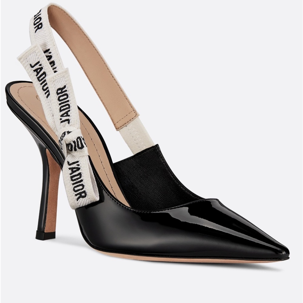 Christian Dior J’Adoir sling back pumps. Black pointed heels with bow accent
